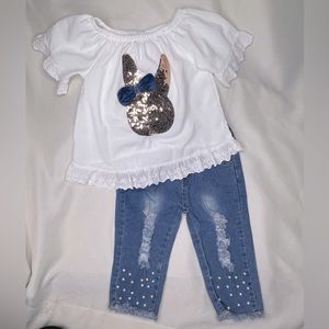 Easter Outfit - White Lace Sequin Bunny Denim Capri Set